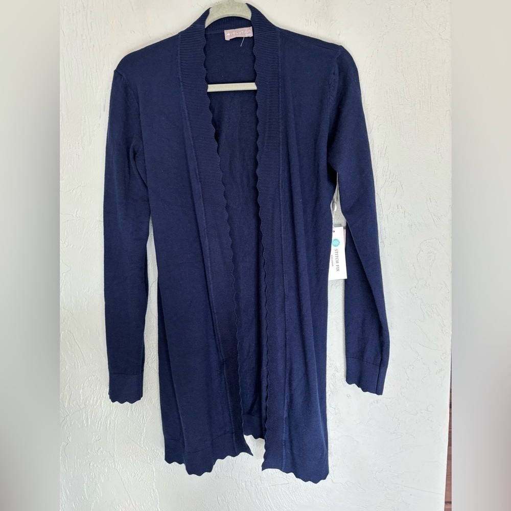 Evolution by Cyrus Davison Scalloped Edge Cardigan size Small Navy NWT - Picture 9 of 9